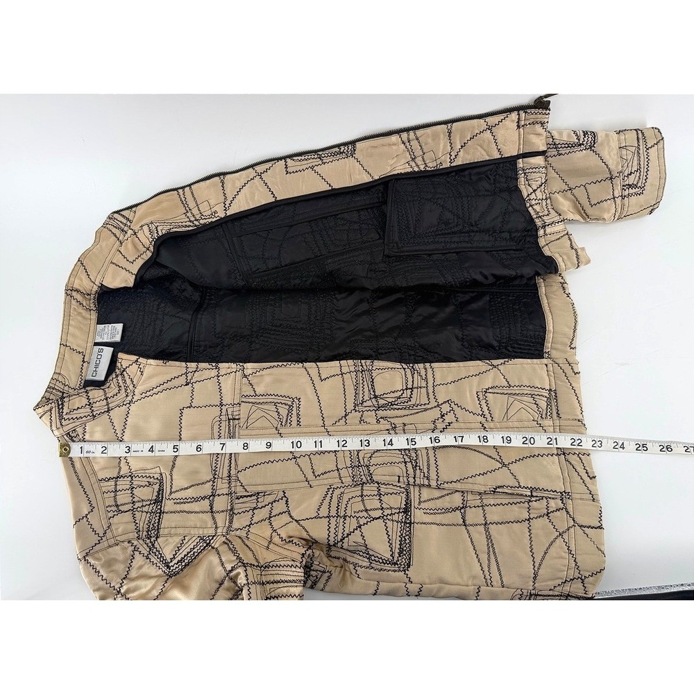 Chicos Silk Geometric Embroidered Zip Jacket Champagne Gold Black Size 1 Medium - Picture 5 of 9
